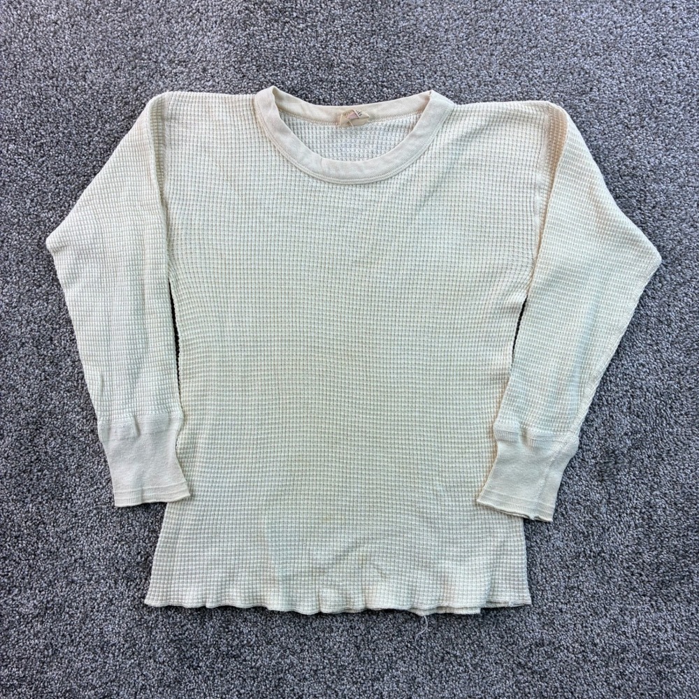Vintage 60s Hanes Thermal Shirt Mens M Cream 100% Cotton Waffle Knit Base Layer
